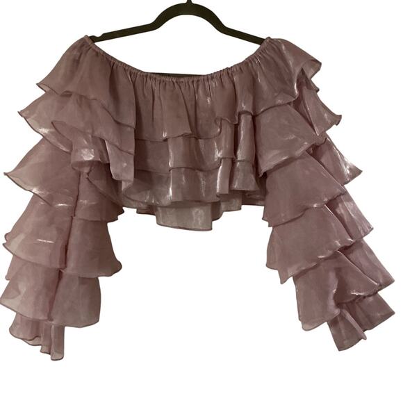 Forever 21 Dusty Rose Chiffon Ruffle Off Shoulder Crop Top Blouse Medium - Picture 3 of 9